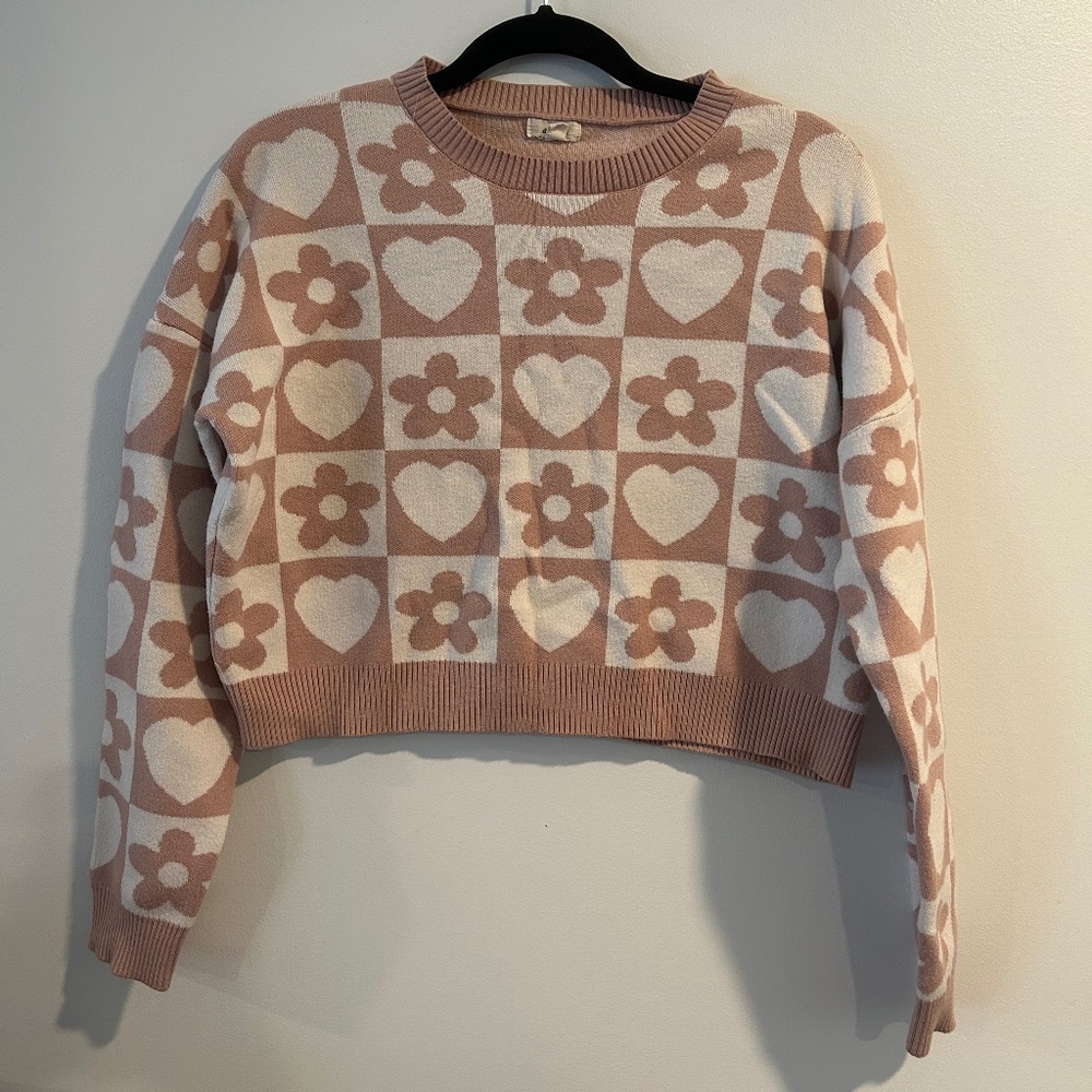 Pink and White Heart Pattern Sweater